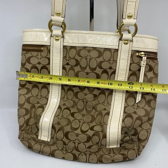 COACH XL Tan White Jacquard Fabric Shoulder Bag - Picture 3 of 12